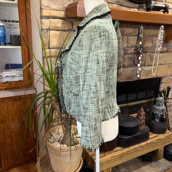 RIVER ISLAND SIZE 14 GREEN & WHITE TWEED BLAZER WITH BLACK LACE TRIM - Picture 5 of 8